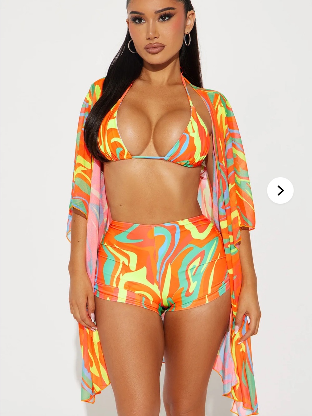 Fashion Nova Neon Orange & Aqua Swirl Bikini Set with Cover-Up